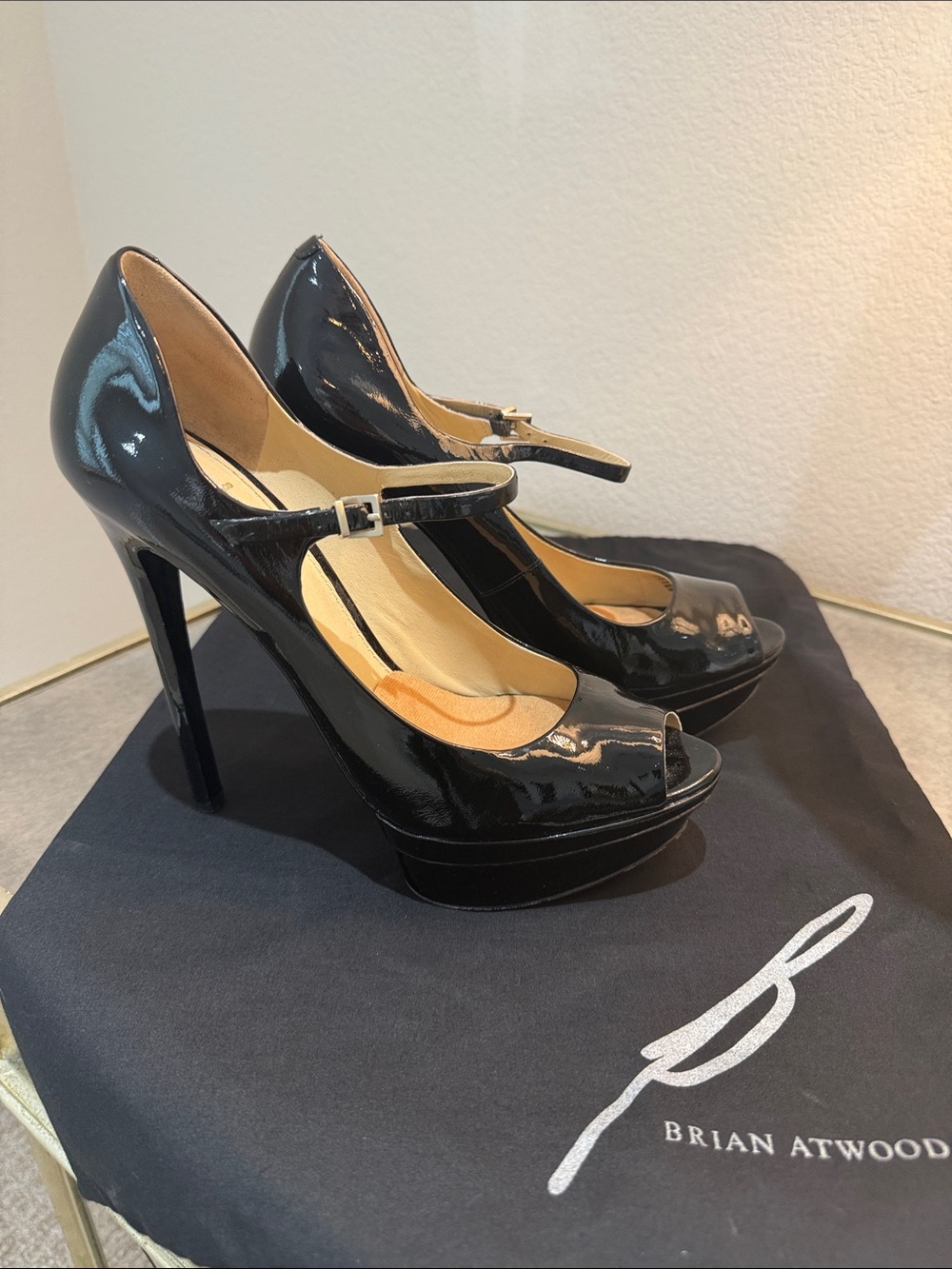 Brian Atwood Black Patent Mary Jane Peep-Toe Platform Stiletto Pumps